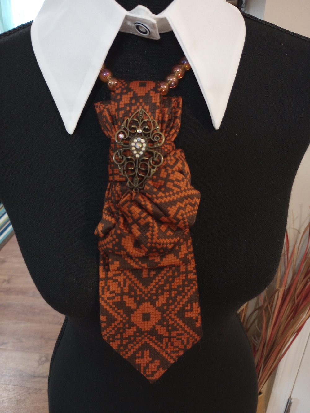 Handcrafted Orange Patterned Statement Necktie Necklace Cravat